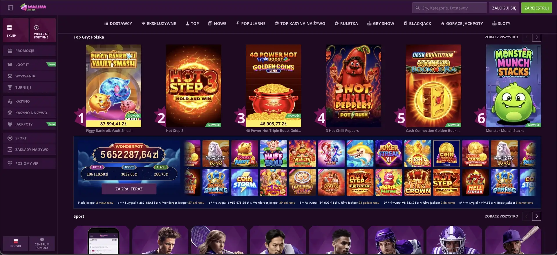 Malina Casino - interfejs